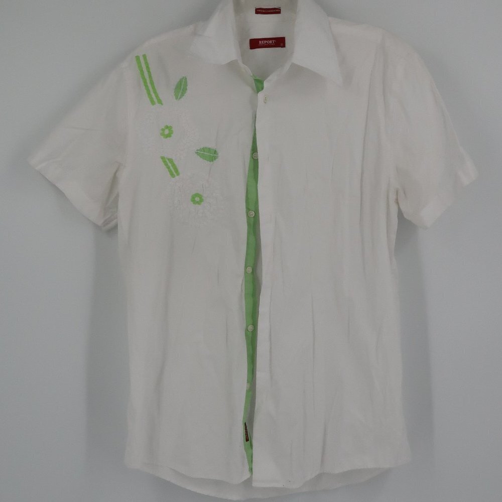 Report Collection White Short Sleeve Button Down Shirt w Green Leaf Detail Med